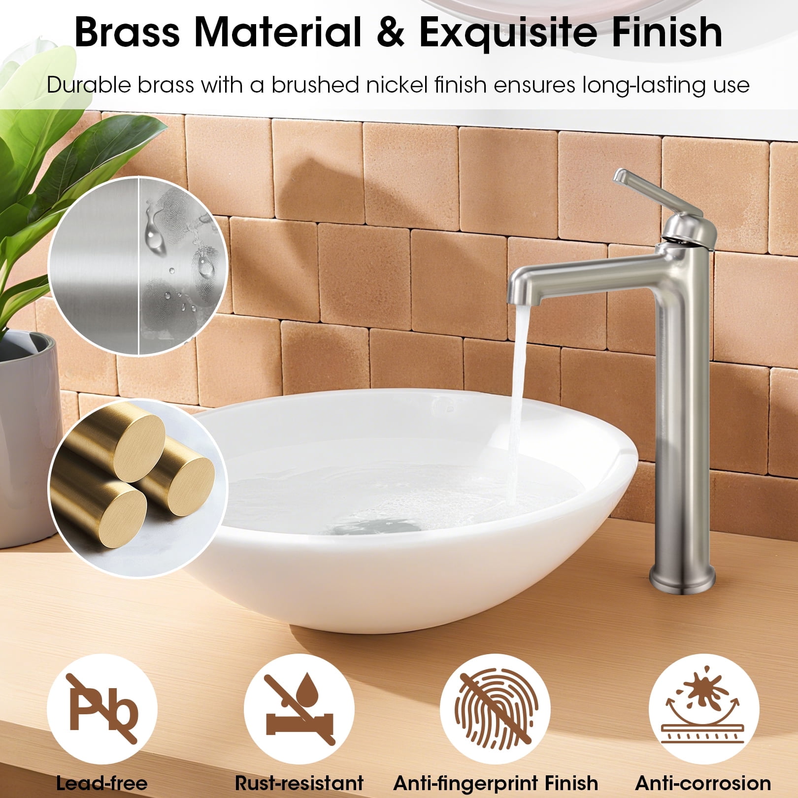 Wowkk Brushed Nickel Bathroom Faucets 9.84" High Spout Tall Basin Faucet, Single Handle Bathroom Sink Faucet with Pop Up Drain and Faucet Supply Lines