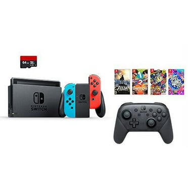 Nintendo Swtich 7 items Bundle:Nintendo Switch 32GB Console Red and Blue,64GB Sd Card Nintendo Switch Pro Wireless Controller,4 Game Disc1-2-Switch Just Dance2017 The Legend of Zelda Super Bomberman R