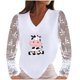 thumbnail image 1 of Mujeres Casual Vaca Impreso Cuello en V Encaje Empalme Manga larga Jersey Blusa Camiseta Tops Fridja  hkj4349, 1 of 8
