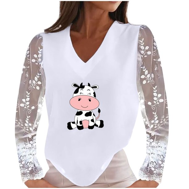 Mujeres Casual Vaca Impreso Cuello en V Encaje Empalme Manga larga Jersey Blusa Camiseta Tops Fridja hkj4349