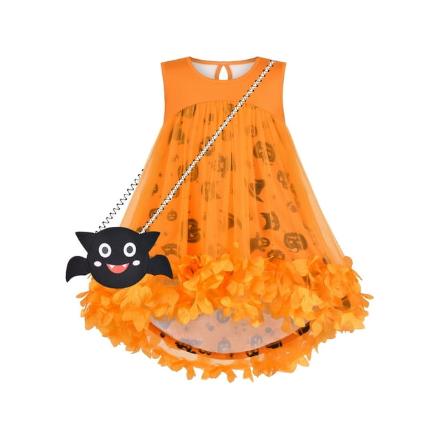 Ensemble Robe Fille Sac de Bonbons Halloween Citrouille Bat Fleur 3D 6 Ans