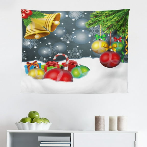 Christmas Tapestry, Vivid Balls on Horizontal Lines Ligneous Timber Yuletide New Year's Eve Pattern, Fabric Wall Hanging Decor for Bedroom Living Room Dorm, 2 Sizes, Multicolor, by Ambesonne