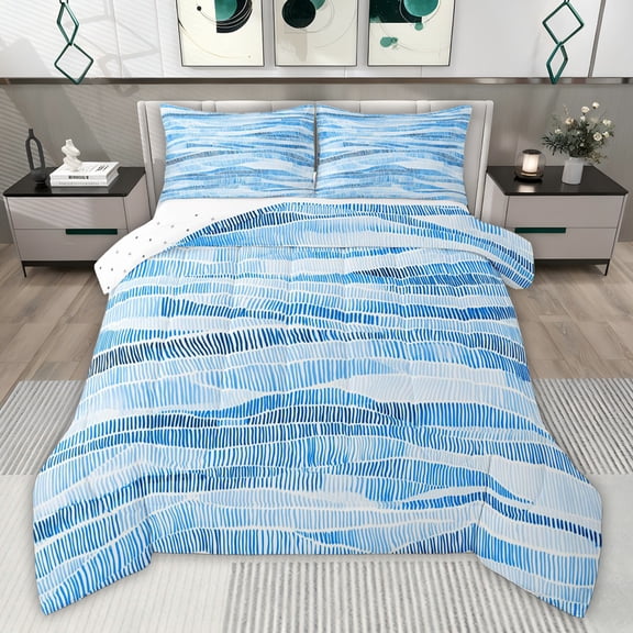 Castle Fairy Abstract Blue Stripes Twin Comforter Sets,Mid Century Lines Bedding Set