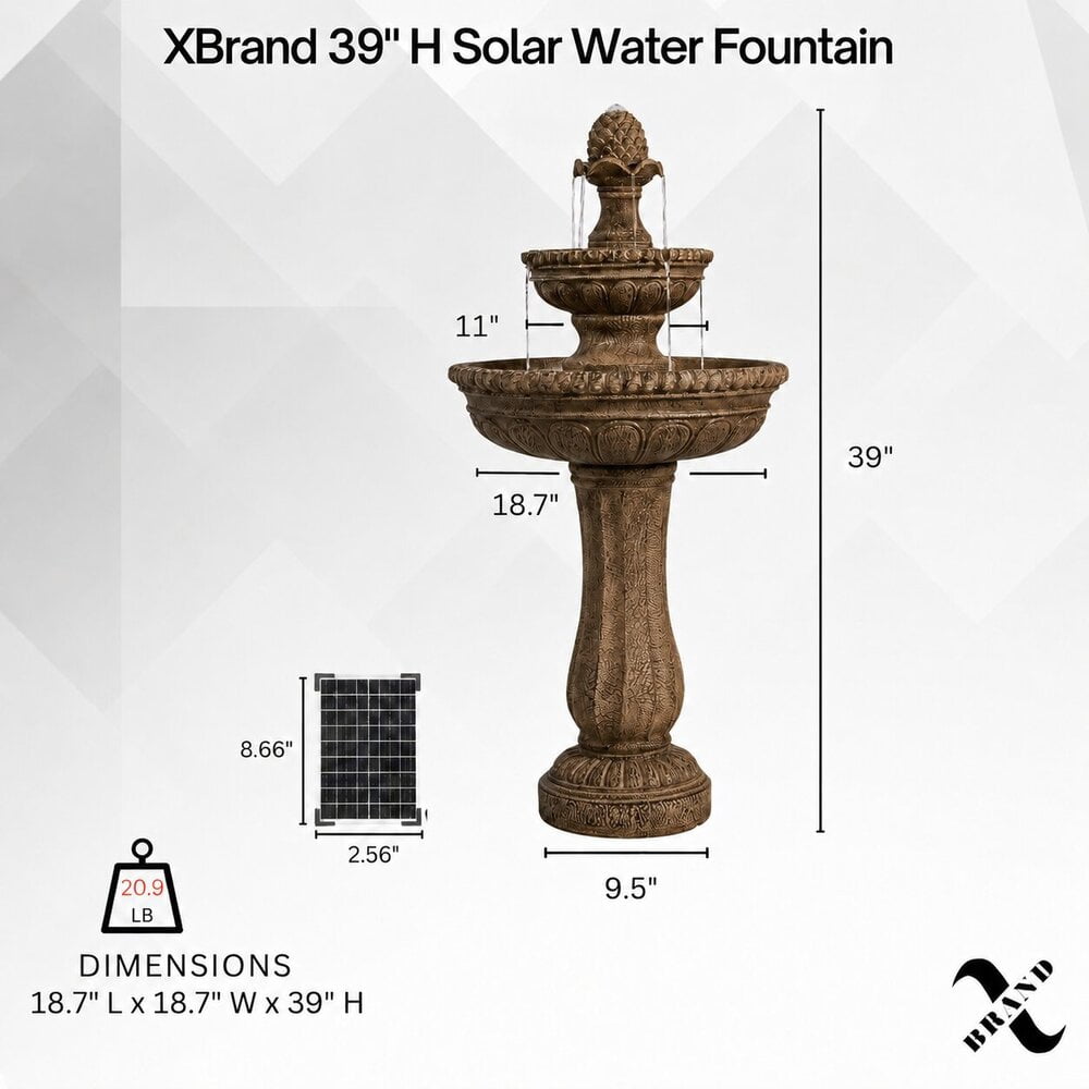 XBrand 39" 2-Tier Outdoor Freestanding Solar Water Fountain - Classic Design, Sand Stone Resin Bird Bath with Pump