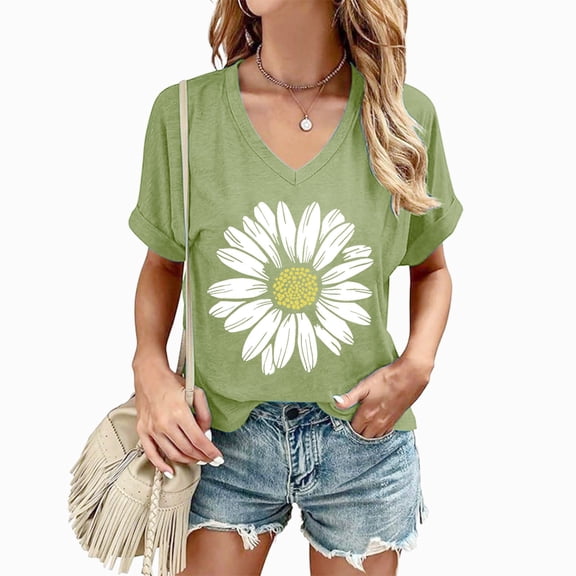 HOWPAY V Neck T Shirts for Women Oversized Sunflower Graphic Short Sleeve Soft Tees Casual Loose Fit Vintage Lightweight Summer Tops Light Green L