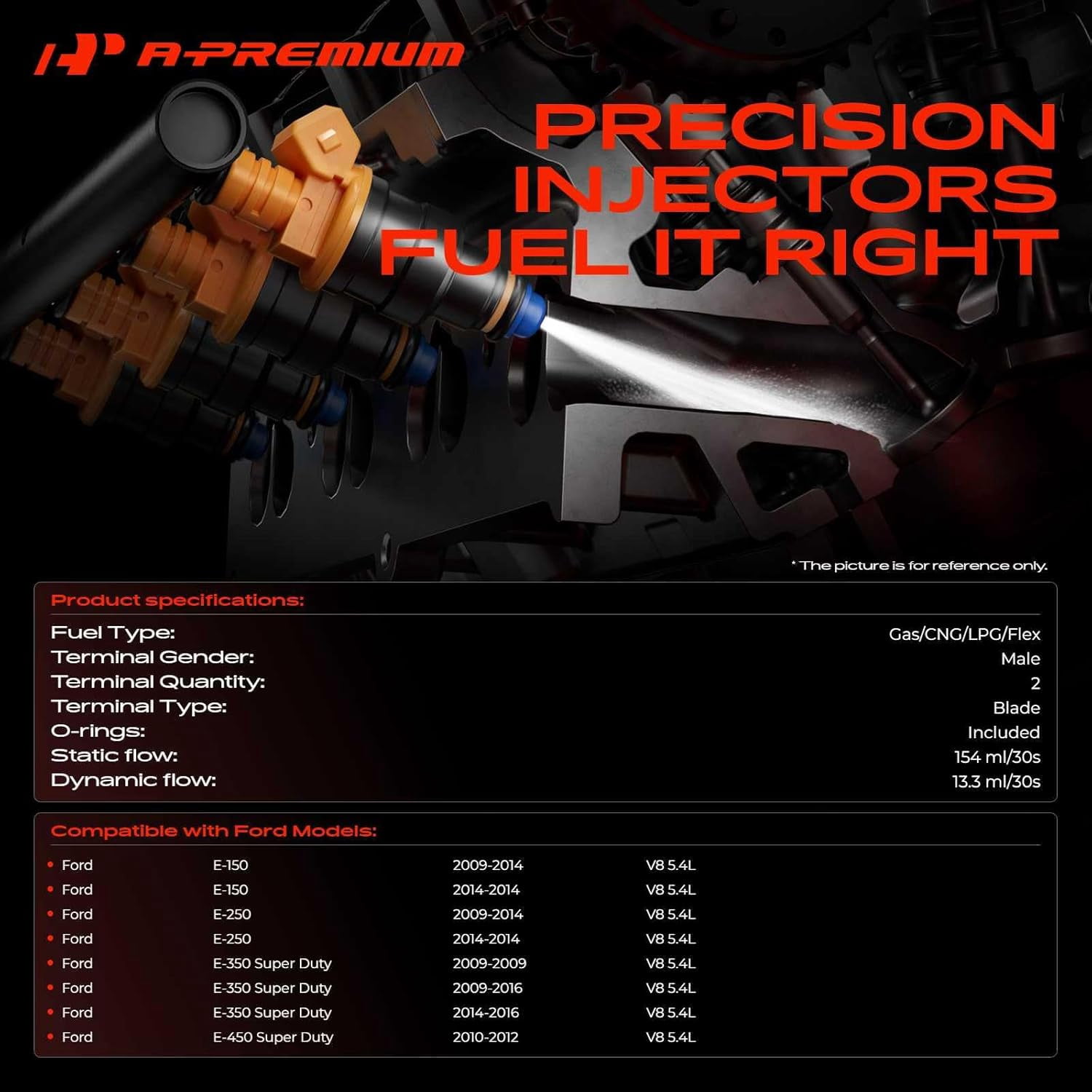 A-Premium Fuel Injectors Compatible with Ford E-150 E-250 2009-2014, E-350 Super Duty 2009-2016, E-350 Super Duty 2010-2012, V8 5.4L, Replace# 0280158193, 9C2Z9F593A