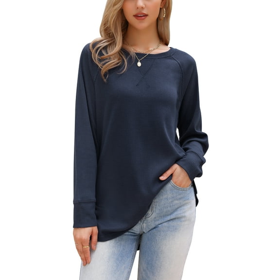 DARING DIVA Women's Crew Neck Loose Long Sleeve Waffle Knit Top XS Dark Blue