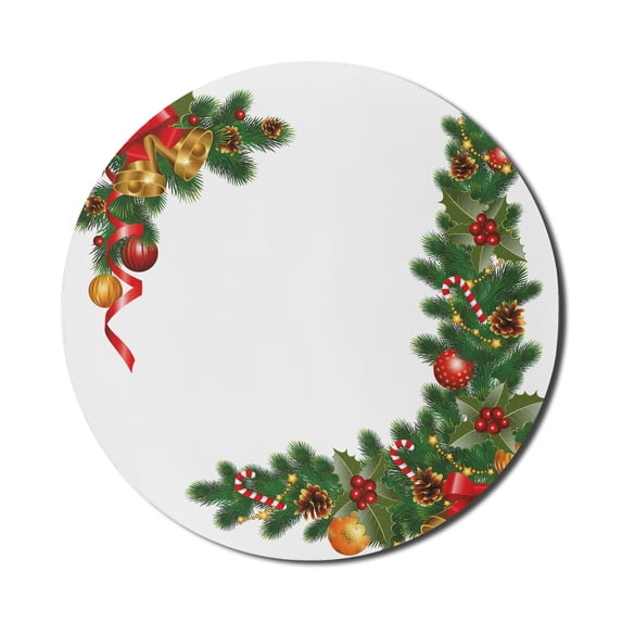 Christmas Mouse Pad for Computers, Composition with Fir Tree Branches and Ornamental Elements Traditional, Round Non-Slip Thick Rubber Modern Gaming Mousepad, 8" Round, Multicolor, by Ambesonne