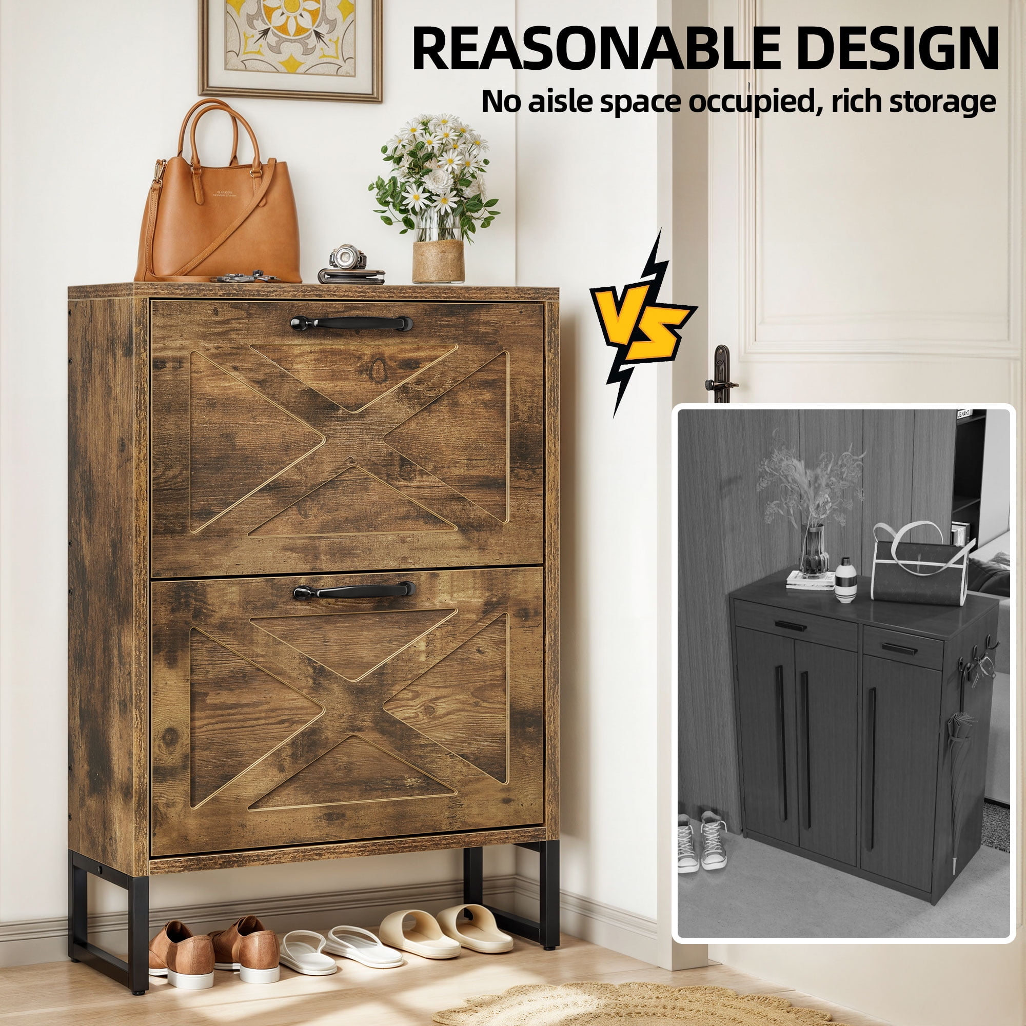 Uforic Shoe Cabinet with 2 Flip Drawers, Farmhouse Narrow Shoe Rack Organizer with Metal Legs, Brown