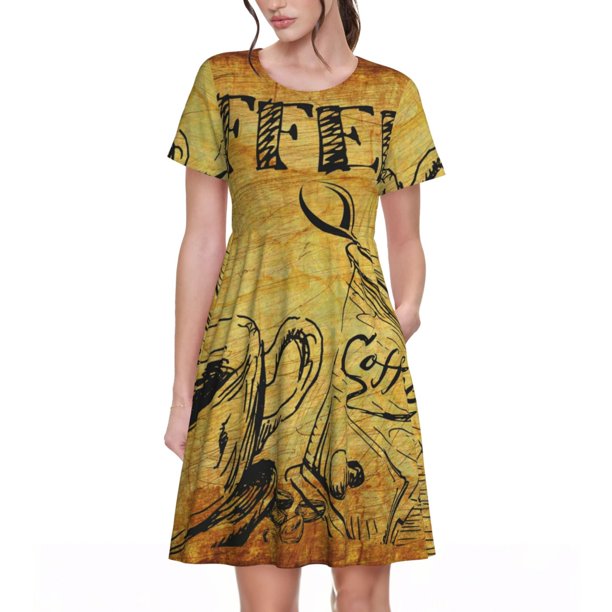 Fotbe Coffee Vintage Vestido Largo de Moda para Mujer, Vestido Tipo Camiseta con Manga Corta y Estilo Casual a Rayas y Bloques de Color