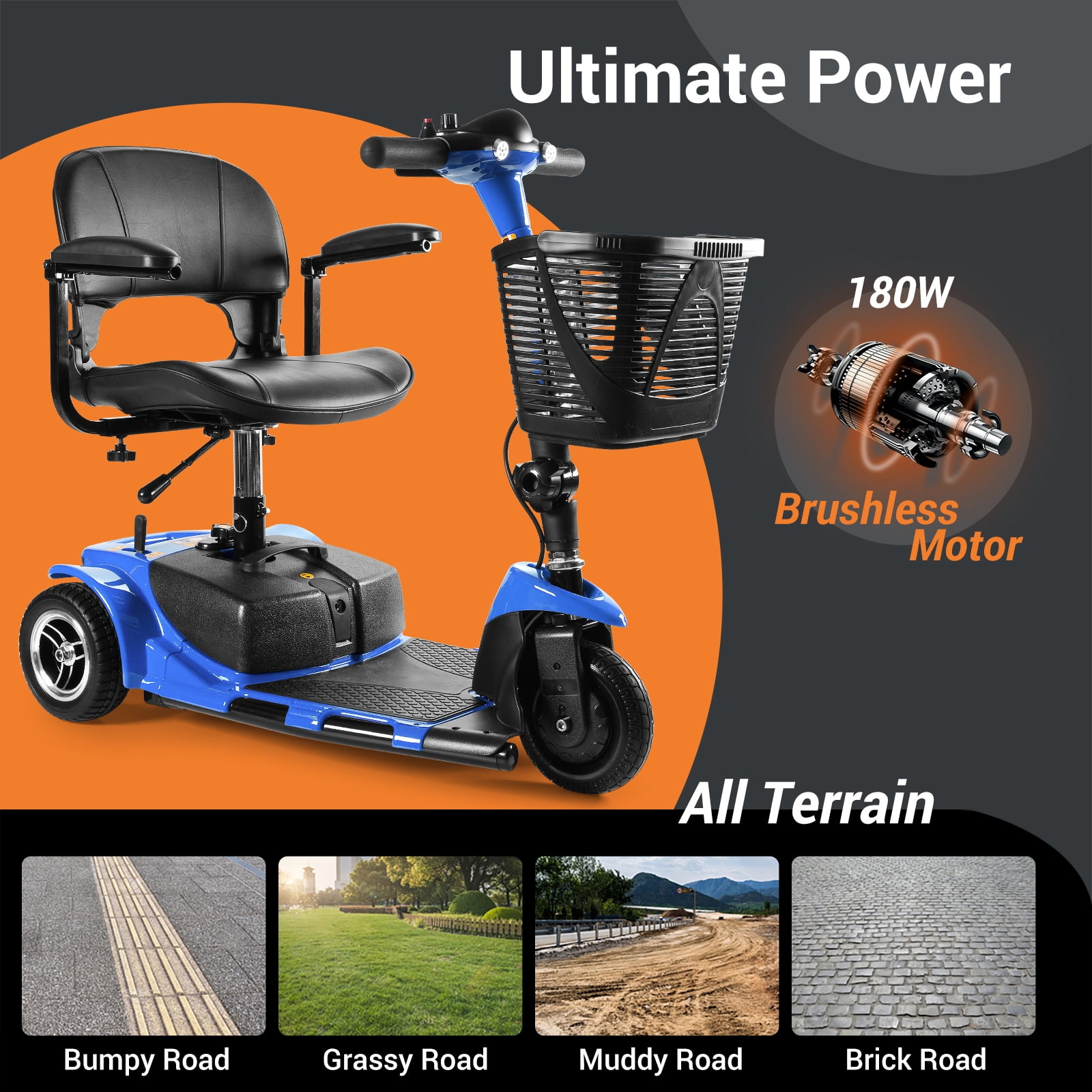 TEKAMON 3 Wheels Folding Powered Mobility Scooter for Senior/Adult Compact Electric Wheelchair for Travel, W/ Long Range Battery and Charger, Blue