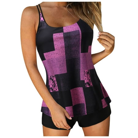 tankini swimsuits for women 2025 trendy bathing suit for women high waisted Boyshorts Tankini Sets 2 Piece Swimsuit Scoop Neck Swim Tank Top with Shorts Summer Beach Bathing Suits #03 Hot Pink XL