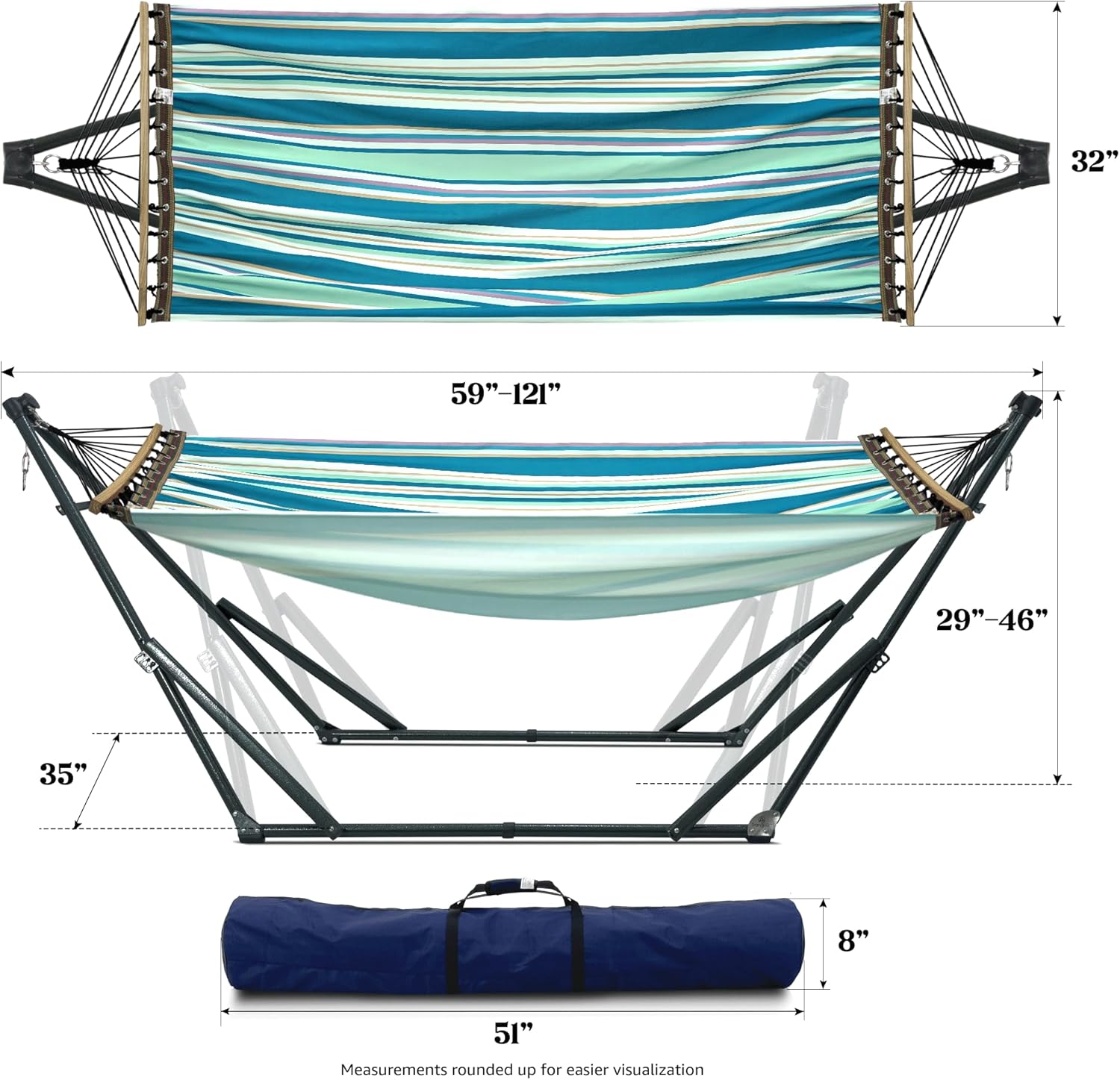 Tranquillo Universal Hammock with Stands Electro Static Coated Steel, Adjustable Foldable Hammock Stand with 2 Layered Polyester Net and Carry Bag for 2 Persons. Canvas - Blue Leaf