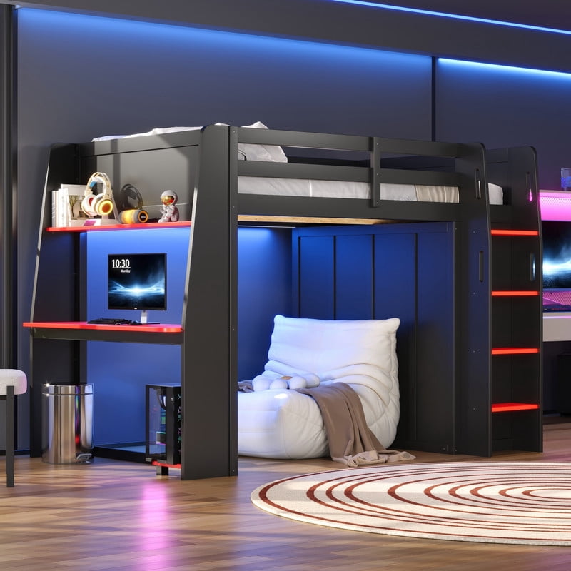 Full Size Wooden Loft Bed with Built-in Desk & Charging Station, Kids Storage Bed Frame with LED Light & Double Door Wardrobe