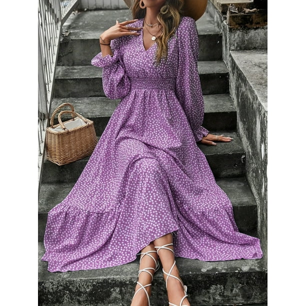 Full Printed Shirred Waist Dress Vacation V Neck Long Sleeve Maxi Dress  Women's Clothing 