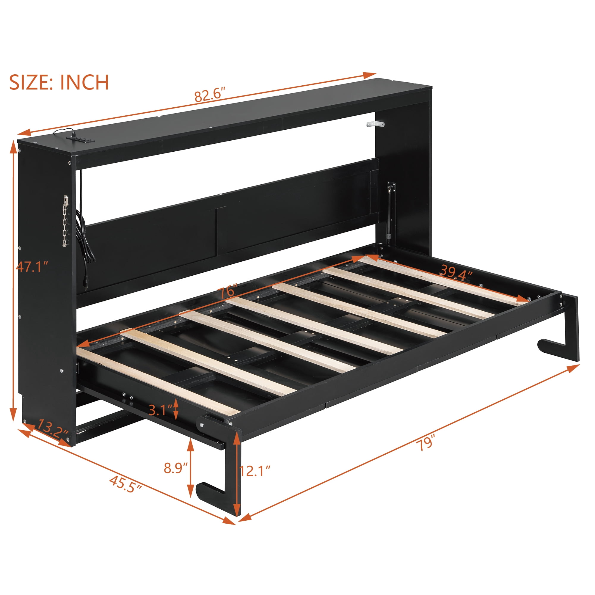 Mintazer Twin Size Murphy Bed with LED Lights & USB Port, Modern Folding Cabinets Bed with Gold Geometric Pattern for Home Office, Black