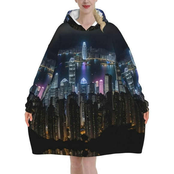 Couverture Surdimensionnée à Capuche Imprimée Hong Kong Nuit Aérienne Chaude Cadeau d'Hiver pour Adultes avec Poche Noir
