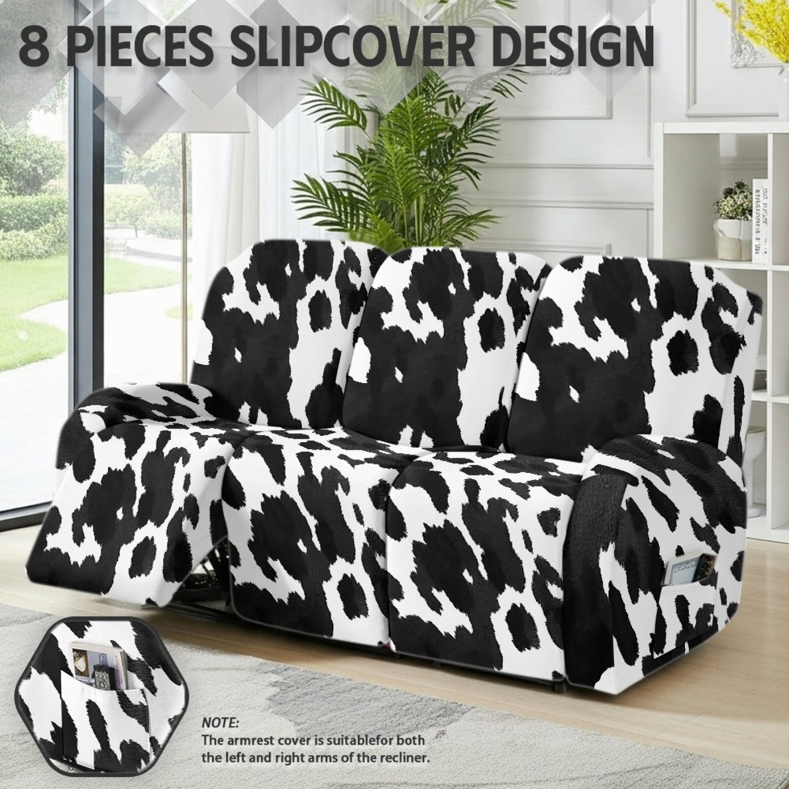 COEQINE Reclining Sofa Cover Universal 3 Seater Stretch Sofa Recliner Cover 8 Pieces Recliner Couch Slipcover Polyester Furniture Protector for Kids, Pets, Black White Cow Print