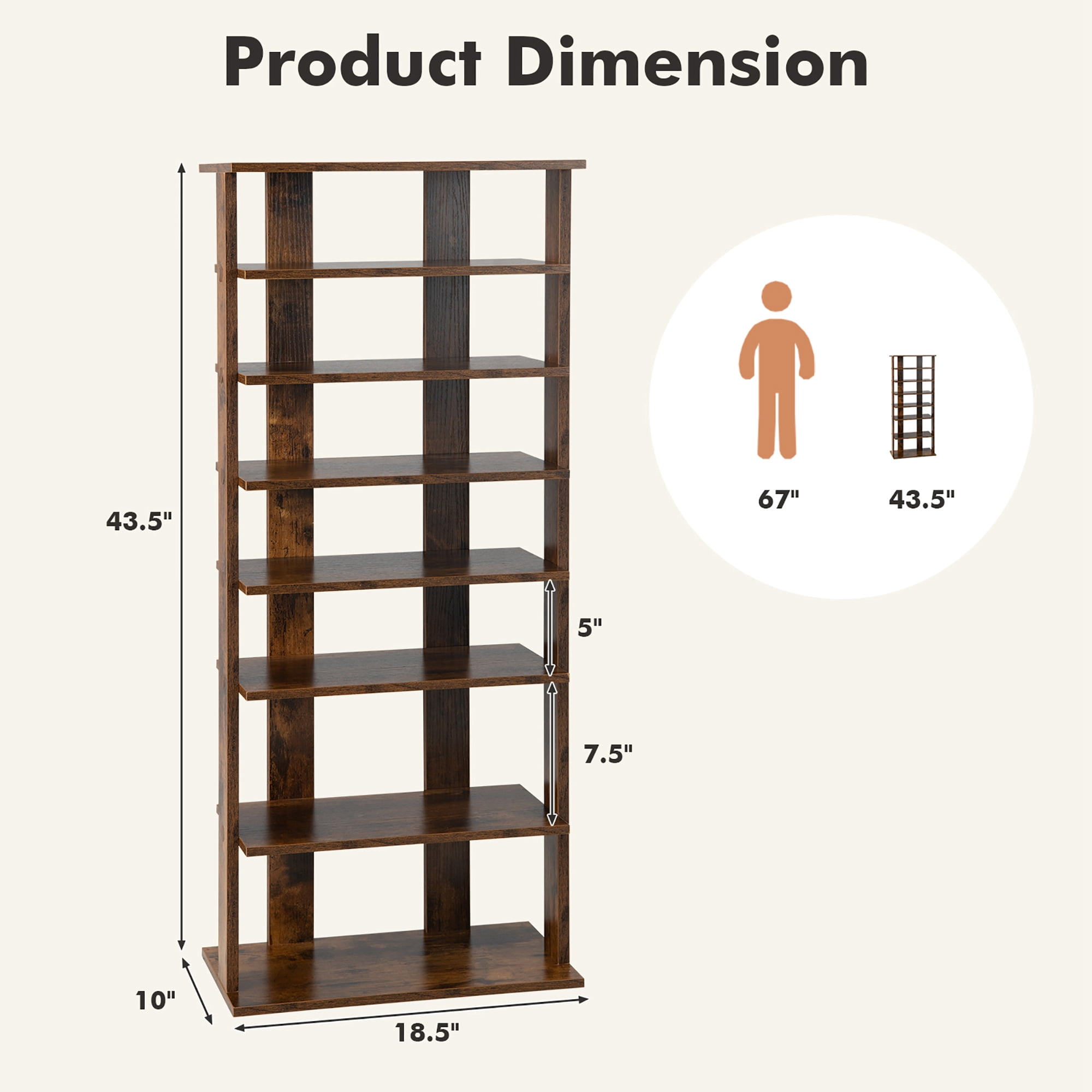 Costway Patented 7-Tier Double Rows Shoe Rack Vertical Wooden Shoe Storage Organizer Rustic Brown