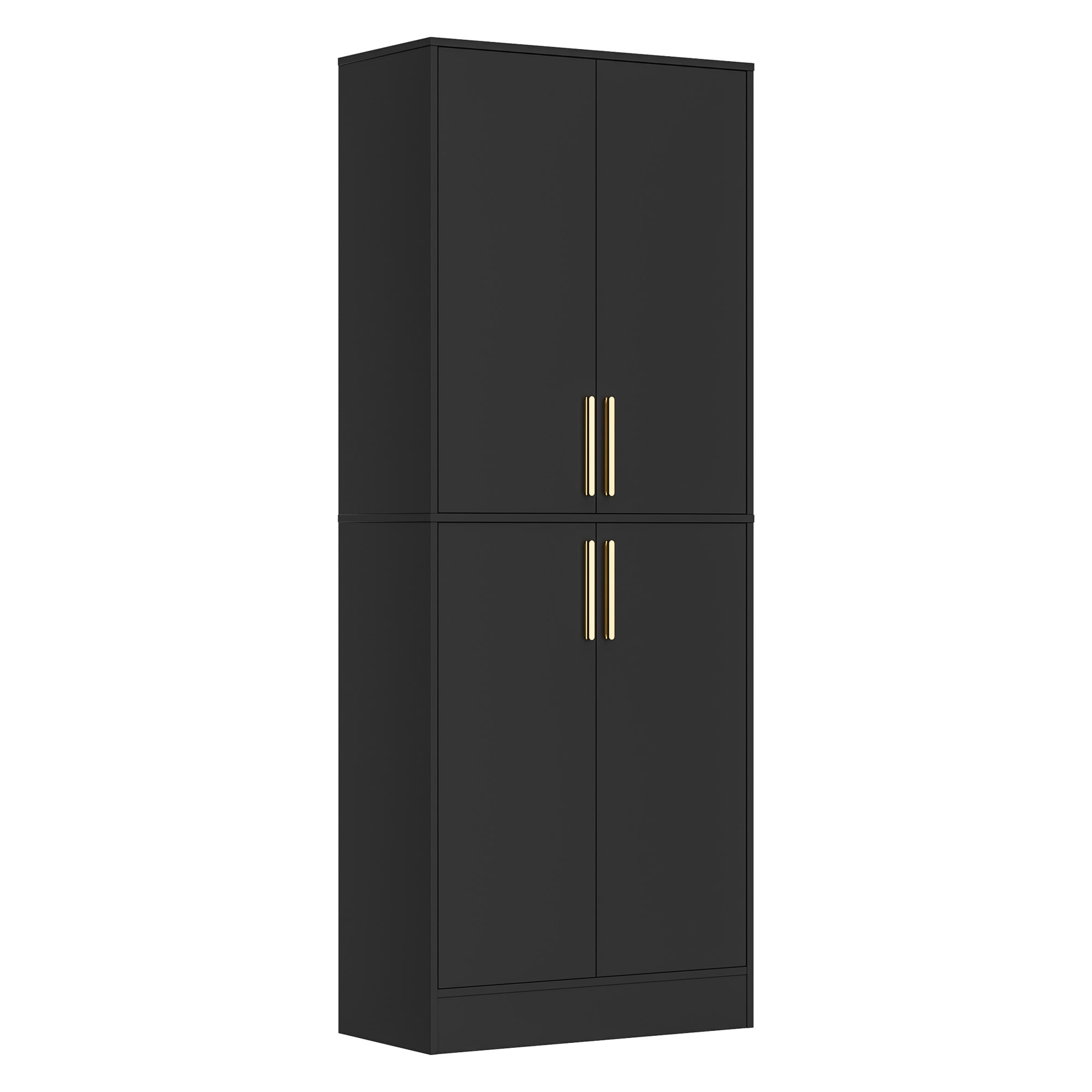 71" Tall Kitchen Pantry Storage Cabinet, Pantry Cabinet with 4 Doors, Freestanding Larder Cupboard, Kitchen Hutch with Gold Handles for Dining Room, Bathroom, Black