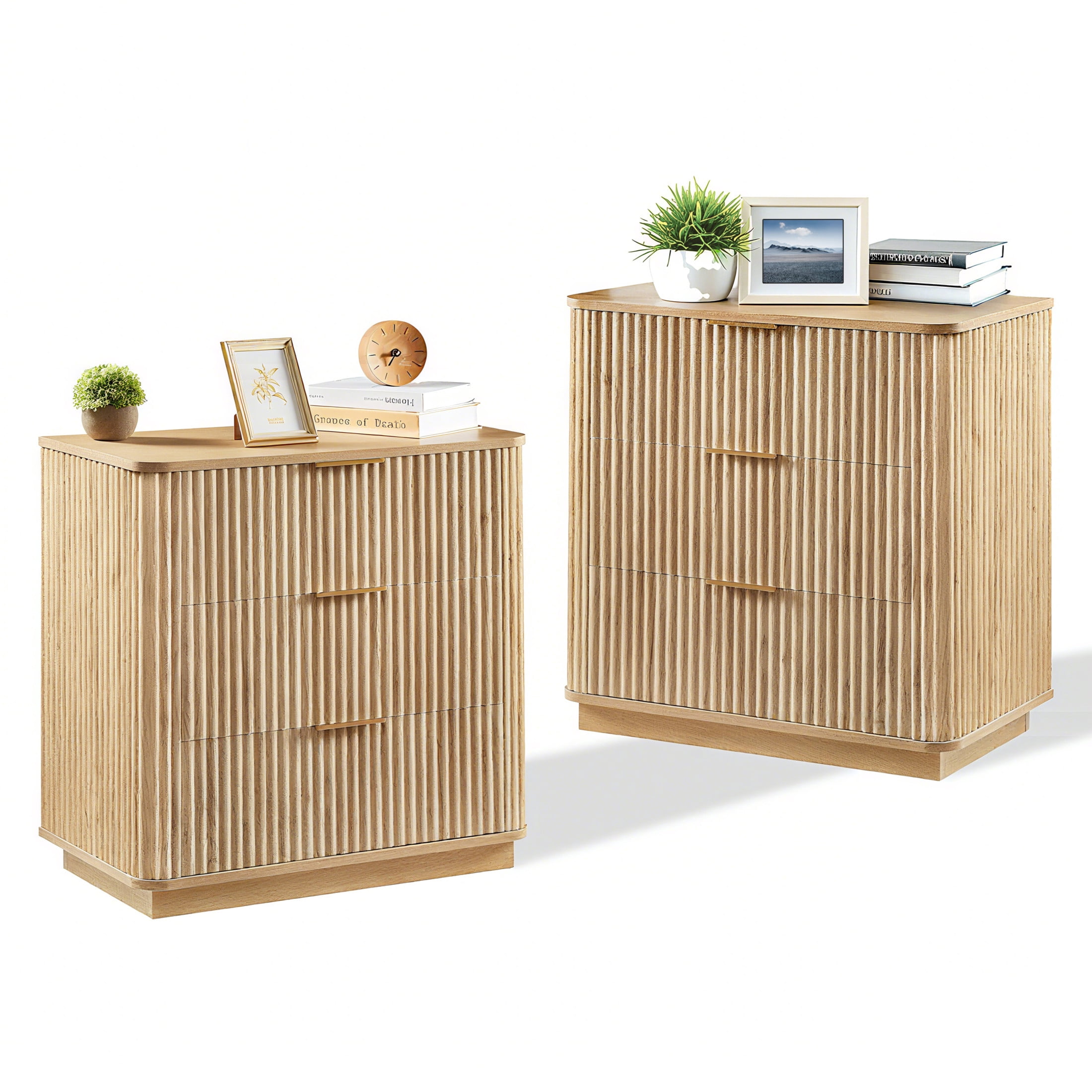 Noble House 28" 3-Drawer Bedroom Dresser, Wide Modern Chest of Drawers with Curved Wave Design, Oak, Set of 2