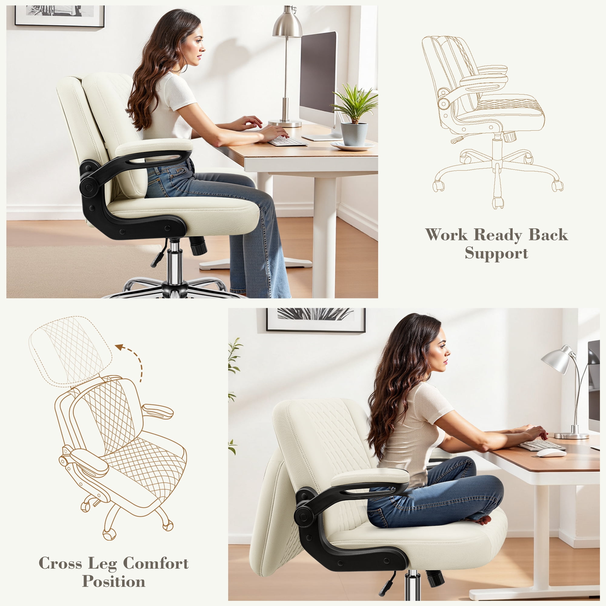 Primy Criss Cross Office Chair with 2-in-1 Flip Backrest, Ergonomic PU Leather Floor Sitting Chair, 360° Swivel Flip-Up Arms, Extra-Wide Seat
