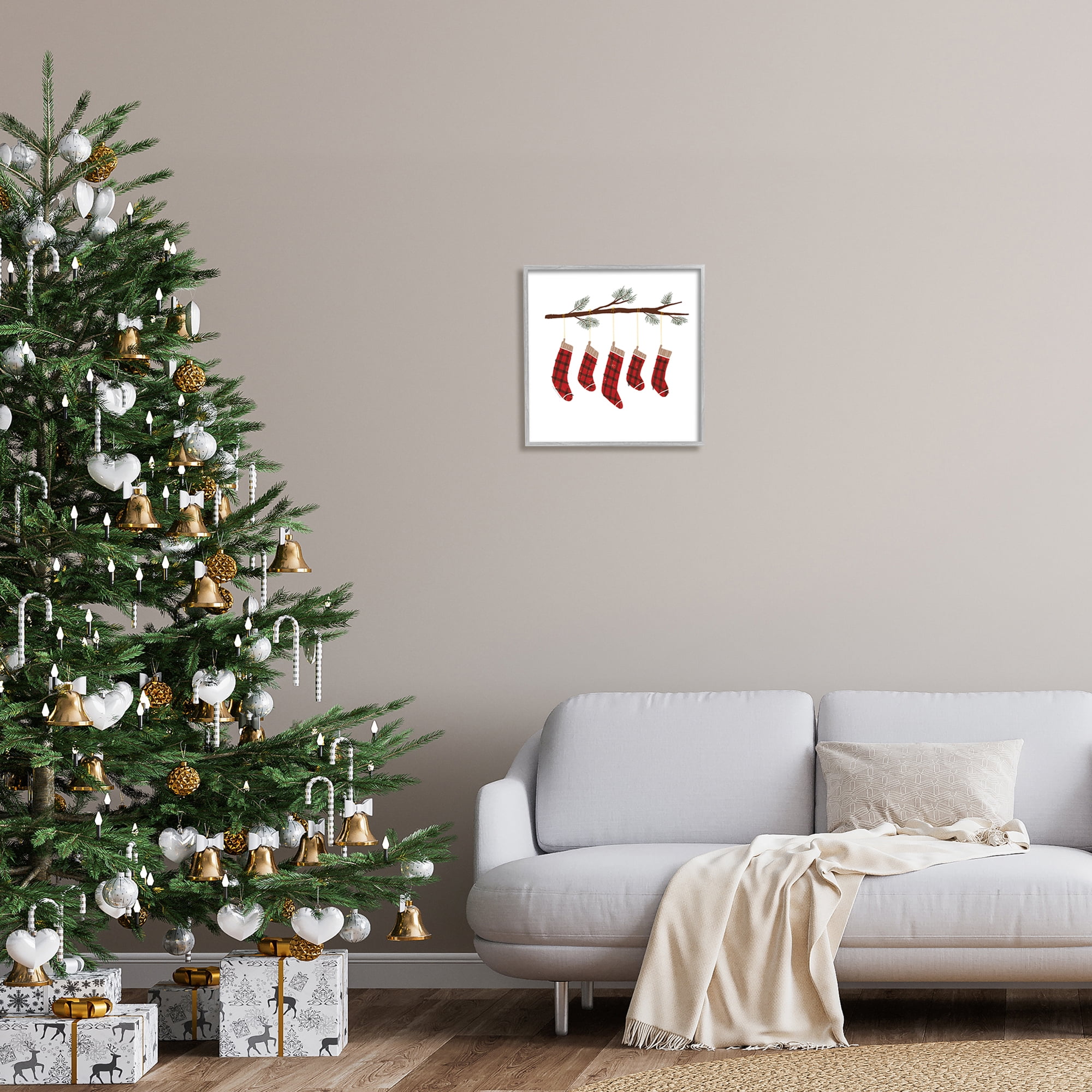 Cozy Hanging Tartan Stockings Winter Tree Branch Botanical & Floral Graphic Art Framed Art Print Wall Art