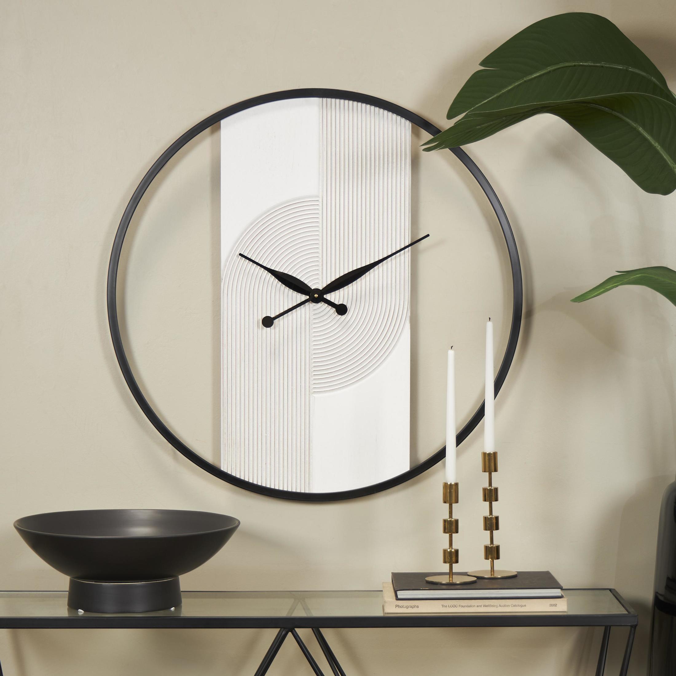 DecMode 30" White Wood Geometric Art Deco Inspired Line Art Wall Clock with Black Accents