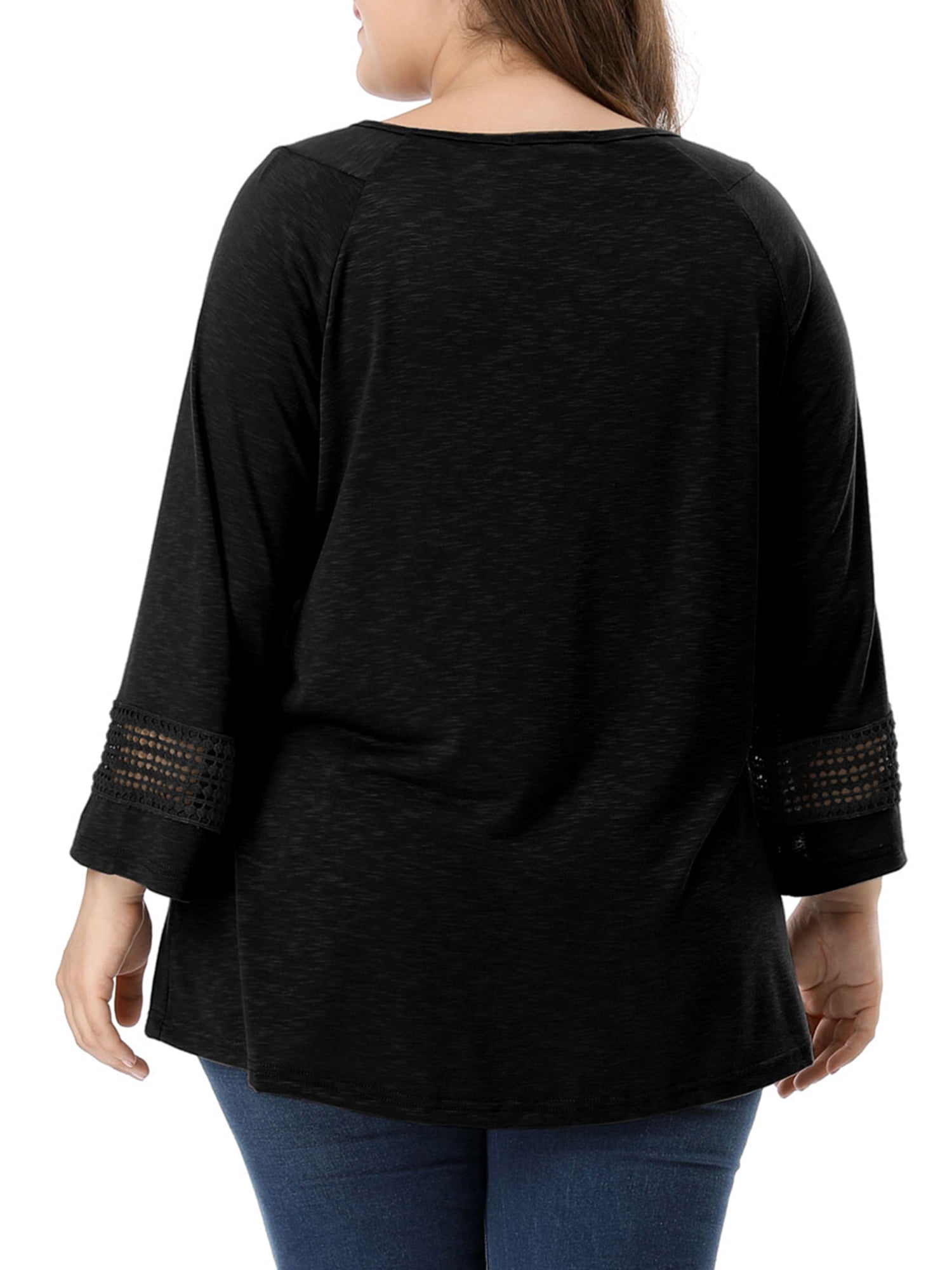 Unique Bargains Juniors' Plus Size Crochet Panel Kimono Raglan Sleeves Ruched Front Top Black 4X