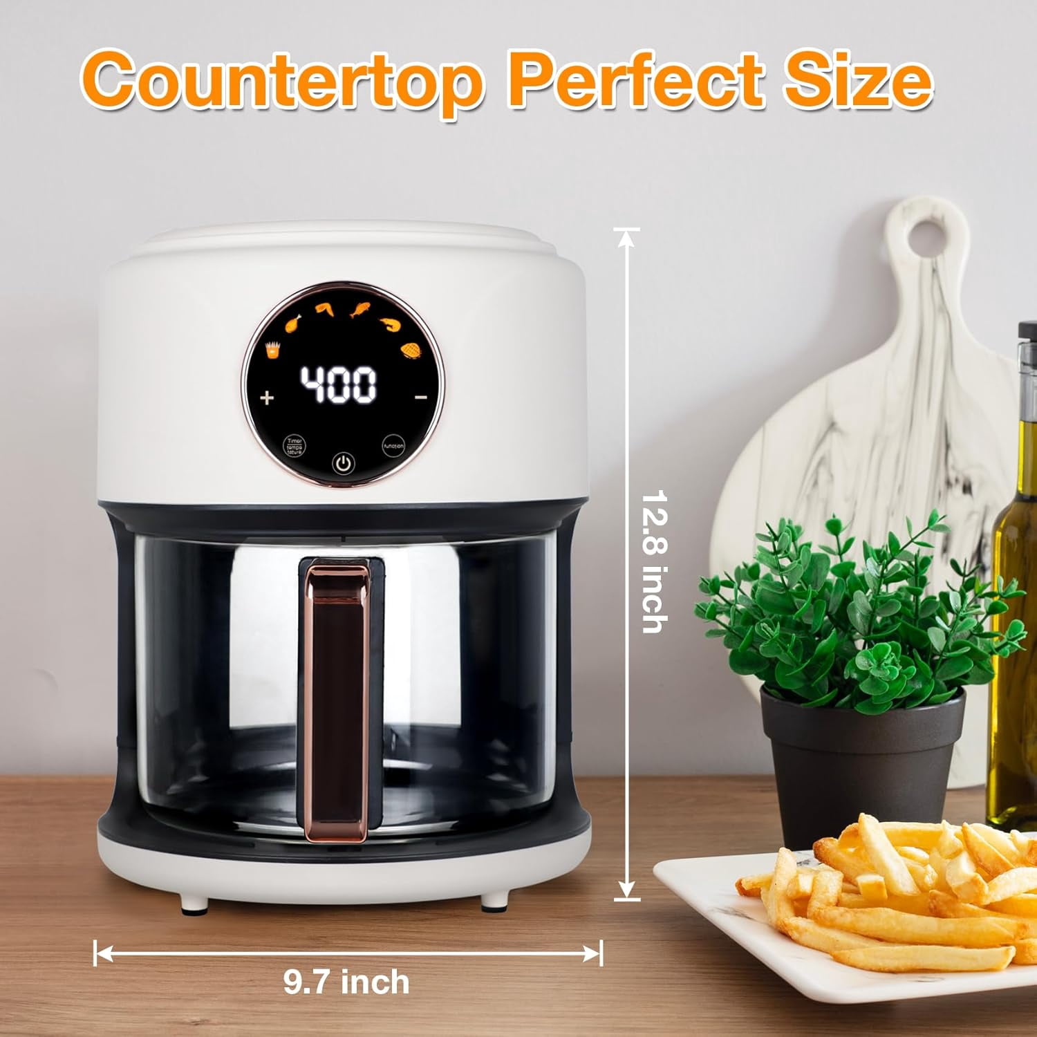 4.7QT Glass Air Fryer, 360 ° Viewable Glass Air Fryer Non Toxic, 6-IN-1 Preset Cook Modes, Digital Display, Adjustable Temp 100F - 400F, Nonstick, Dishwasher Safe, White