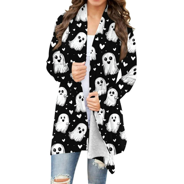 Mgmyaa Cardigan Halloween pour Femmes Manches Longues Ouvert Manteaux Grande Taille Imprimé Haut Cardigan