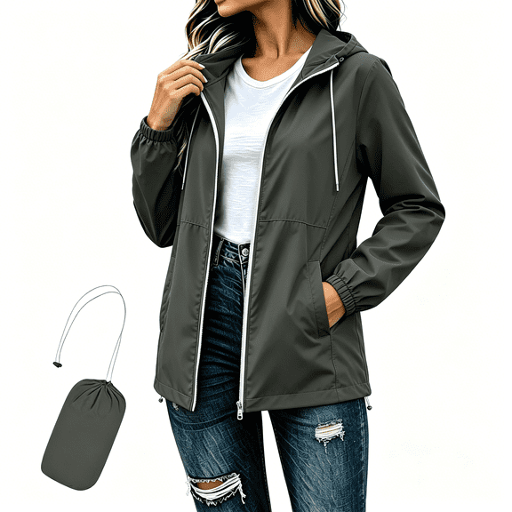 Zylanna Women Packable Rain Jackets Windbreaker, with Pockets Waterproof Adjustable Hem & Hooded Lightweight Travel Outdoor Casual Daily Raincoat Dark Gray