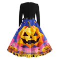 thumbnail image 6 of Women's Halloween Dress Bat Printed Crew Neck Scary Dresses Candy Hepburn Long Sleeve Classic Tea Length Dress with Belt 3XL, 6 of 6