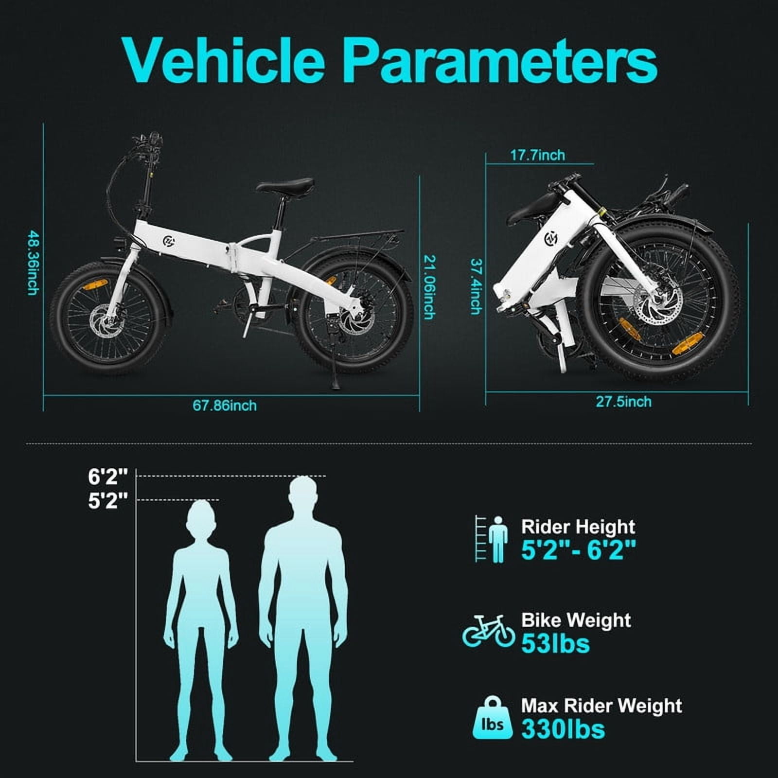 750W Peak Electric Bike for Adults,500W Motor, 20"x2.5" Fat Tire Folding Ebike,48V 7.8Ah Battery 43Miles long ranges,Up to 24MPH Max Speed