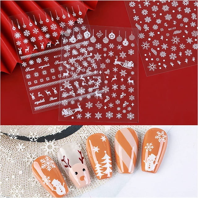 Apuakthei 6 hojas de pegatinas navideñas, pegatinas de copos de nieve, decoraciones para uñas, pegatinas autoadhesivas para uñas con copos de nieve, calcomanías para uñas con temática navideña en 3D,