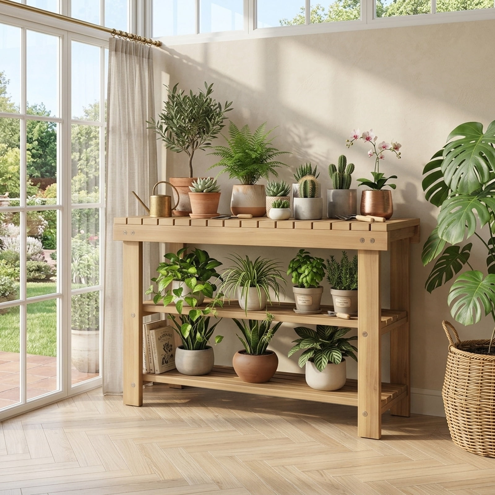 Furnibear 3 Tier Solid Wood Shoe Rack Bench with Slatted Shelves for Entryway Hallway and Living Room Shoe Storage Medium Size, Natural