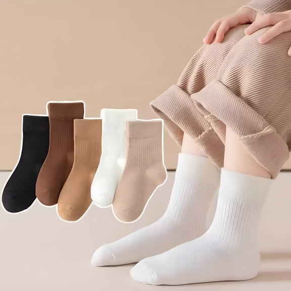 TELOLY Child Girls Socks, Mid-Tube 100% Cotton Seamless Toe for No Rub Solid Color Breathable 5 Pairs Comfortable Fit Socks for Kids Girls Brown Size 6T