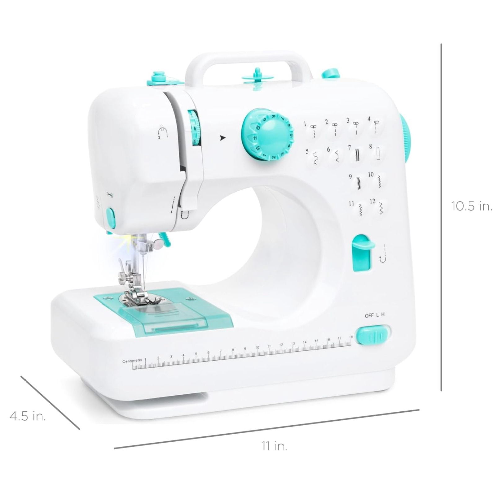 SONGMY Compact Sewing Machine, 42-Piece Beginners Kit, Multifunctional Portable 6V Beginner Sewing Machine w/ 12 Stitch Patterns, Light, Foot Pedal, Storage Drawer - Teal/White