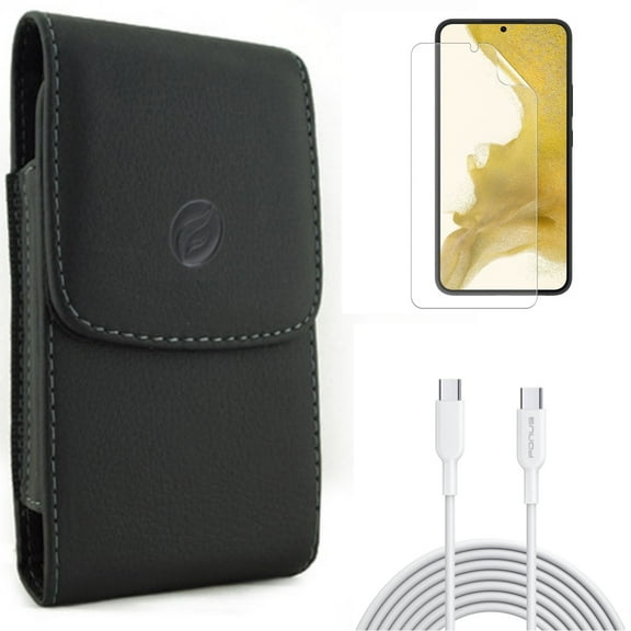 For Samsung Galaxy S21 (6.2") - Holster Leather Case Belt Clip   Anti-Glare TPU Film Matte Screen Protector   PD Fast Charger Cord 10ft Long Type-C Cable