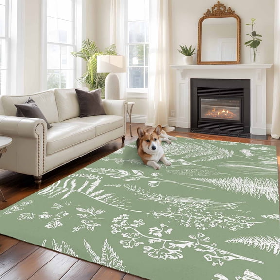 Abstract Leaves Large Area Rugs 5x8 ft Sage Green Background Plant Hand-painted Washable Rug Non Slip Indoor Carpet Absorbent Floor Mat for Living Room Bedroom Dining Room