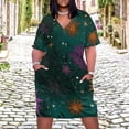 thumbnail image 2 of Dark Teal Floral Celestial Pattern Women's Loose Short Sleeve Dress Casual Summer Plus Size Long Dresses with Pockets, 2 of 5