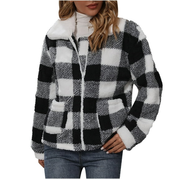 FNFHFY Womens Fuzzy Fleece Plaid Jacket Zip Up Shacket Sherpa Jackets Soft Cozy Flannel Coat Oversized Lapel Winter Coats