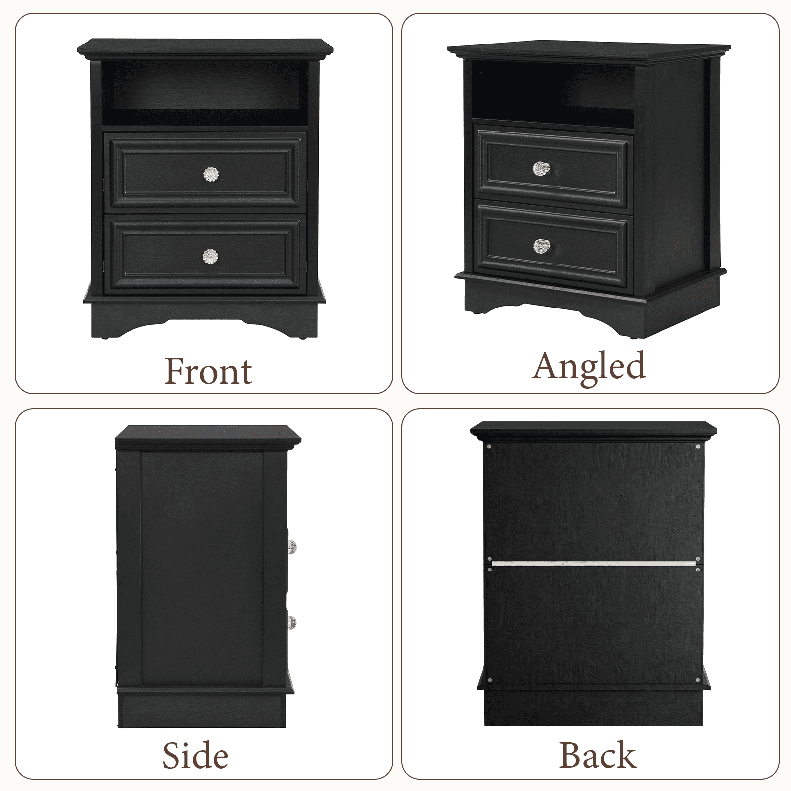 Brafabhome Set of 2 Nightstands with 2 Drawers, Mid-Century Bedside Table with Open Storage Shelf and Hidden Drawer for Bedroom Living Room | Black