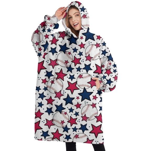 Oversized Wearable Blanket Hoodie,Red White Blue Baseballs and Stars Pattern Sherpa Blanket Hoodie with Super Pockets,Super Warm Fuzzy Pullover for Women & Men