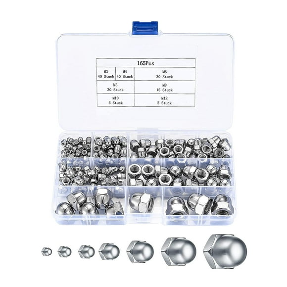 165Pcs 7 Sizes Dome Acorn Bolt Set, Hex Protector Cap for Protecting Hexagon Shaped Threads Rods Studs and Bolts