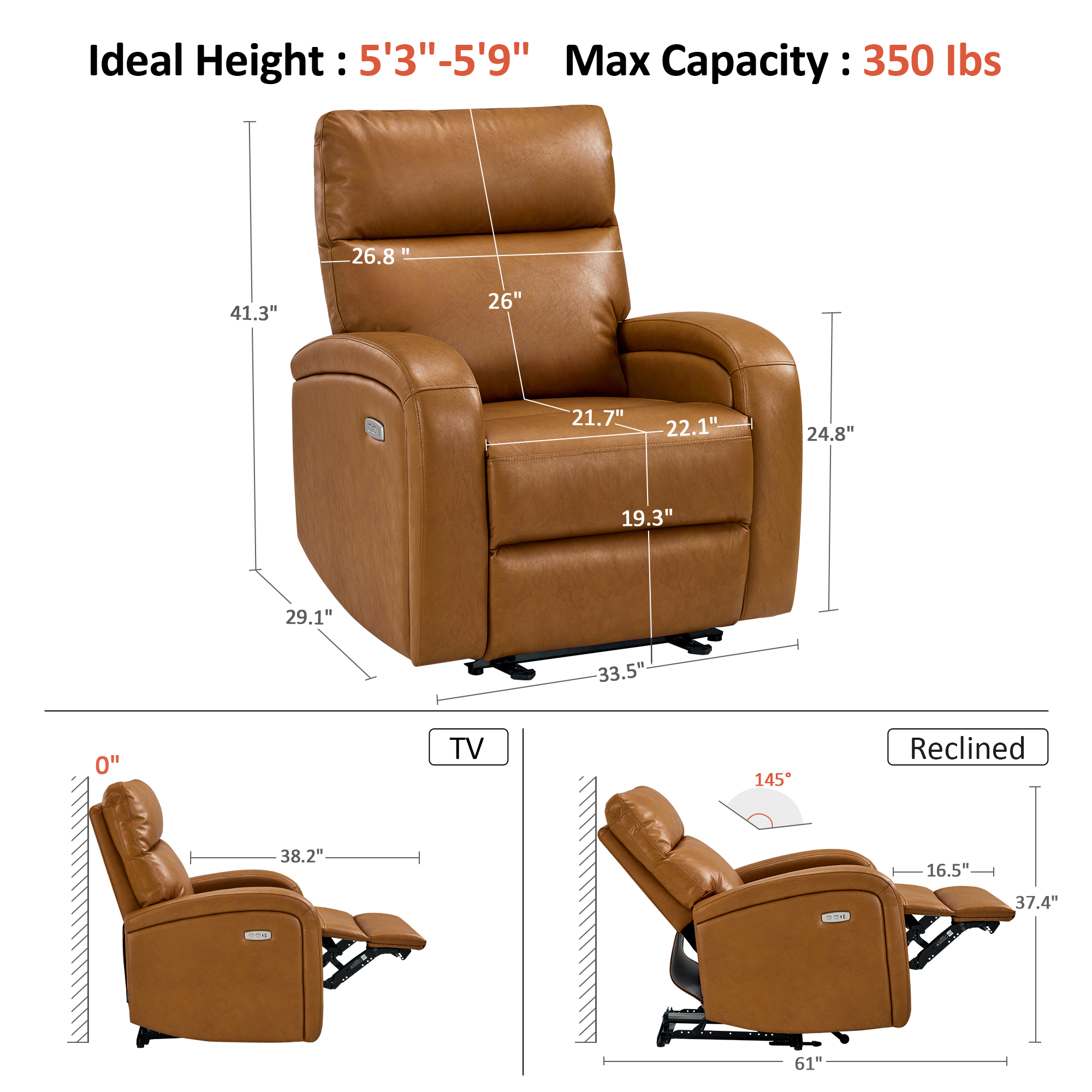 MCombo Zero Wall Hugger Power Recliner Chair for Small Space, Living Room, RV, Cognac Brown