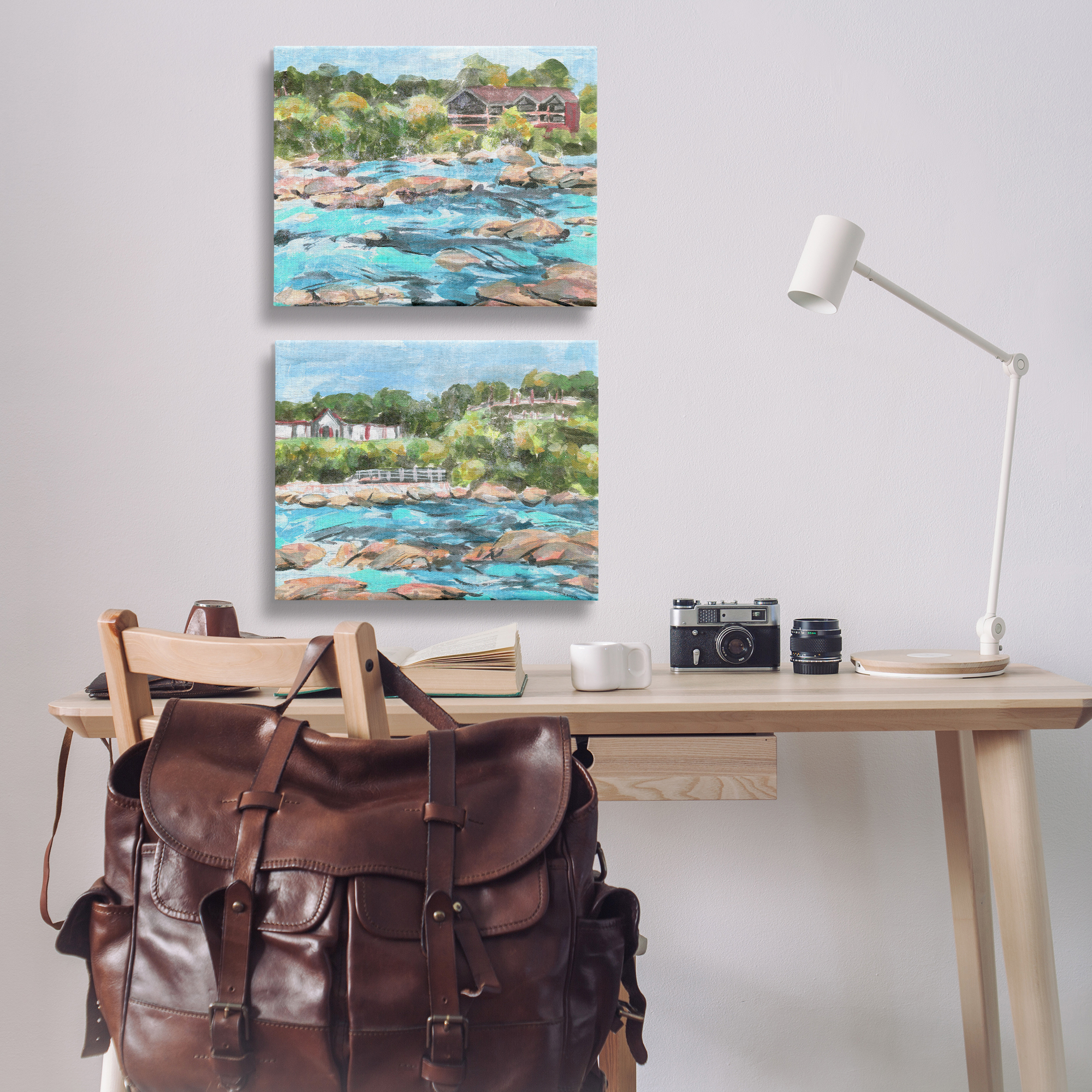 Stupell Industries Flowing River Rocks Nautical & Beach Painting Wrapped Canvas Art Print Wall Art, 20 x 16, Set of 2