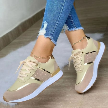 

XIAQUJ Ladies Fashion Color Blocking Leather Round Head Lace up Flat Casual Sports Shoes Women s Fashion Sneakers Beige 9(42)