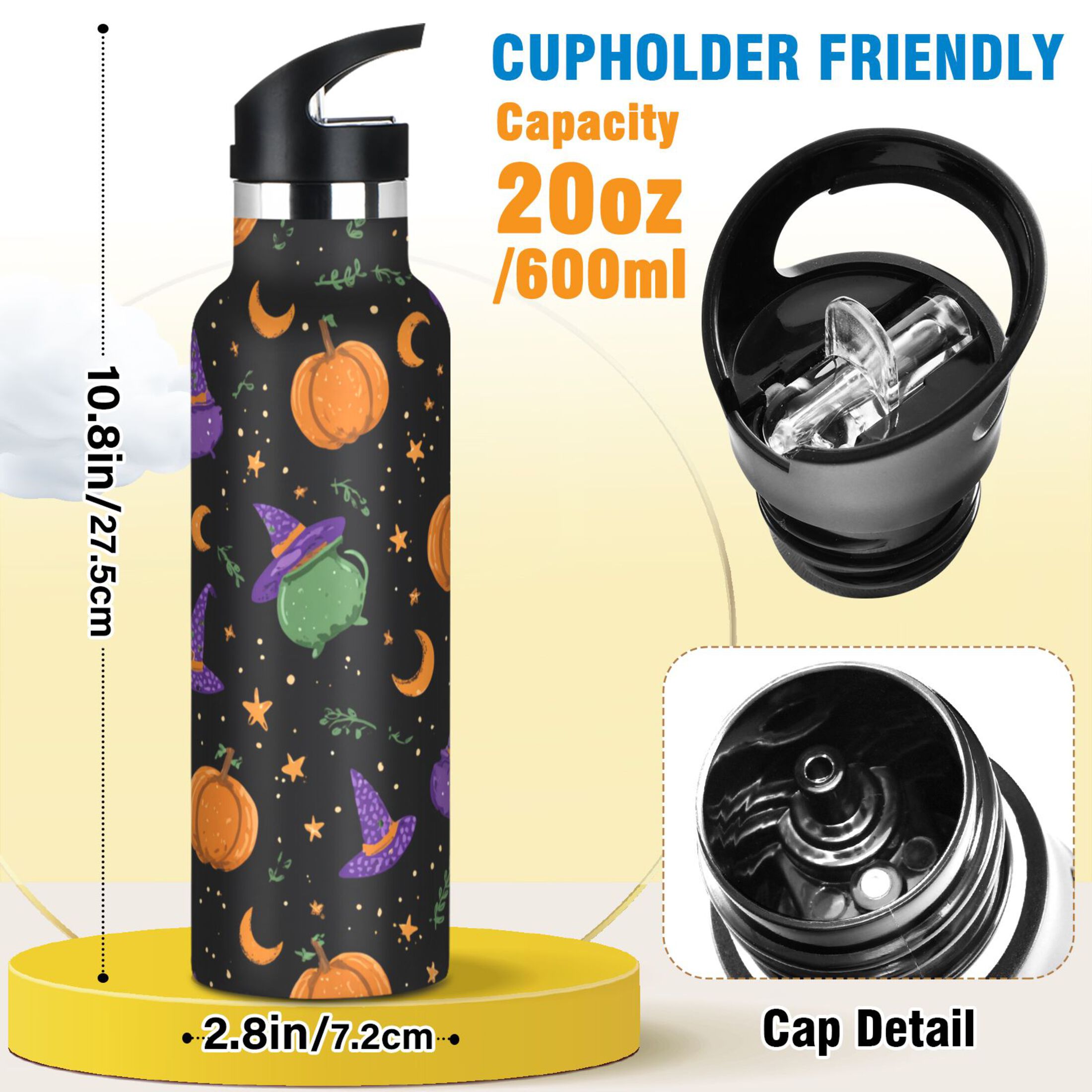 Kids Insulated Stainless Steel Sports Water Bottle 600ml (20oz) Purple and Orange Halloween Icons