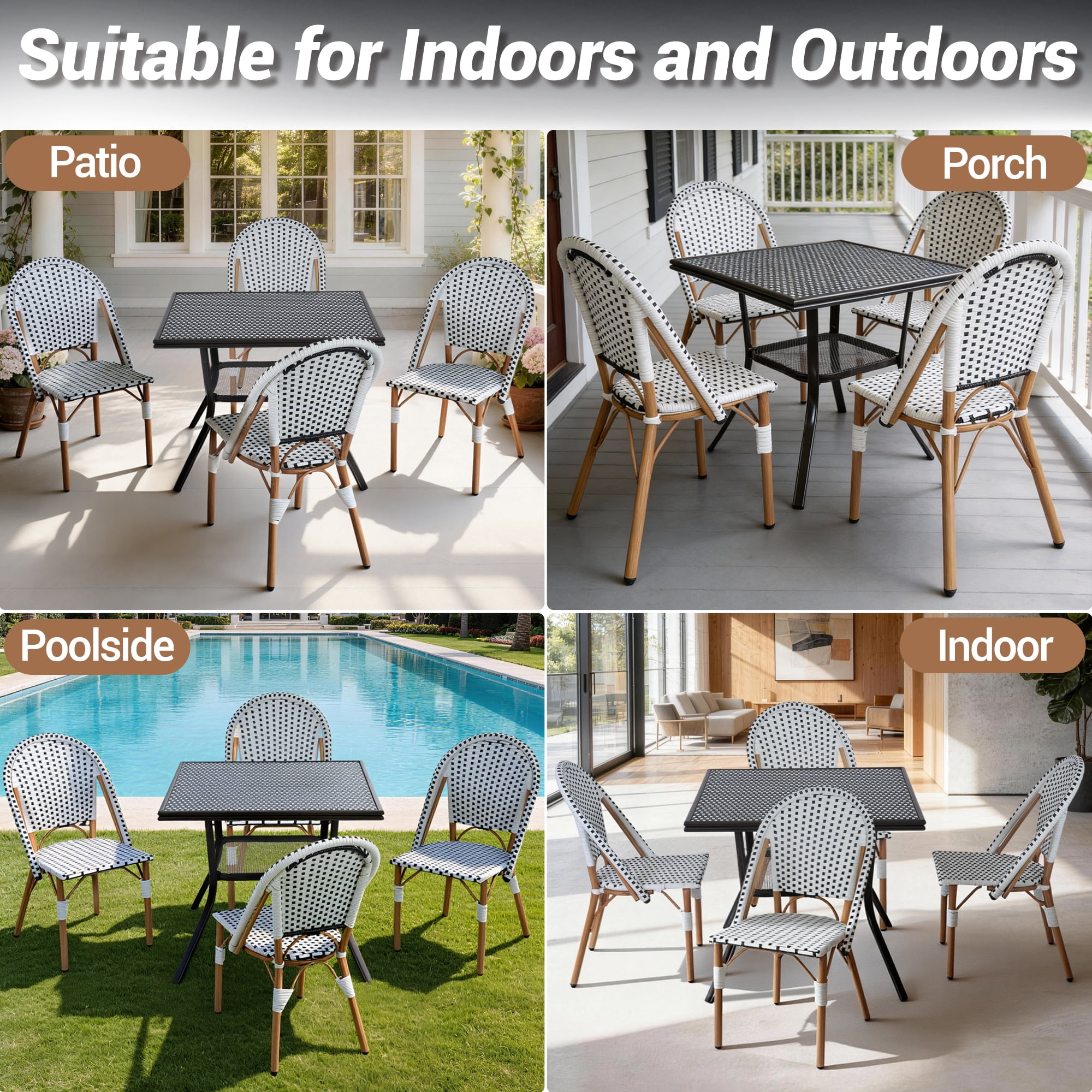 DELMANGO 2-Piece Wicker Outdoor French Bistro Chairs, Armless Patio Chairs, Stackable Dining Chairs with Metal Frame, White/Black
